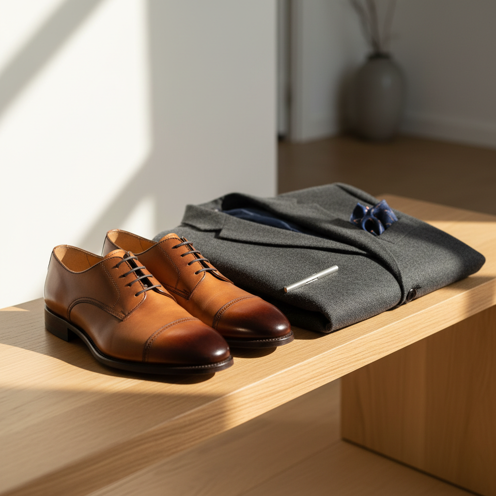 A pair of impeccably polished brown leather Oxford shoes with rich burnishing at the toes, positioned neatly beside a folded charcoal wool blazer on a smooth, light oak bench. A finely woven navy pocket square peeks from the blazer’s chest pocket, and a brushed silver tie bar rests on the lapel. Soft afternoon light filters in from an unseen window, creating a warm, diffused glow and subtle reflections on the leather. The background gently falls out of focus, revealing only hints of a minimalist entryway. Captured at a slightly elevated three-quarter angle with shallow depth of field and photographic realism, the mood is refined, calm, and confidently stylish, emphasizing timeless men’s fashion staples.