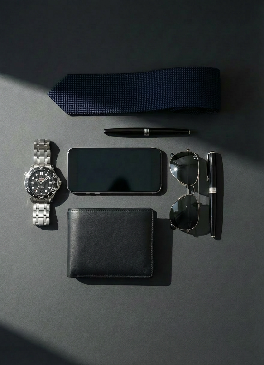 A meticulously arranged flat lay of men’s lifestyle essentials on a matte charcoal desk surface, featuring a brushed stainless steel wristwatch with a black leather strap, a slim graphite-grey smartphone, a minimalist black wallet with subtle stitching, and a pair of tortoiseshell acetate eyeglasses. A folded navy knit tie and a sleek fountain pen rest nearby, adding texture and sophistication. Soft natural window light from the left creates gentle highlights on the metal and leather surfaces, casting controlled shadows that feel intentional and composed. Shot from a true top-down, bird’s-eye perspective with photographic realism, the composition is clean and balanced, evoking a professional, aspirational mood suitable for a modern men’s fashion and lifestyle blog hero image.