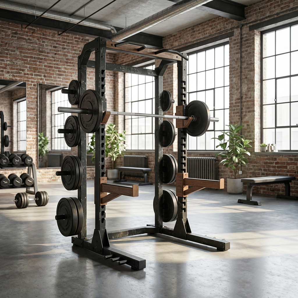 A black and wood power rack with weight plates in a sunlit industrial gym.